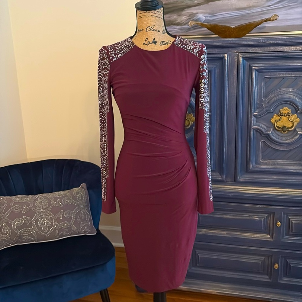 CACHE Burgundy purple red silver beaded sequin sexy cocktail dress wedding XS 0